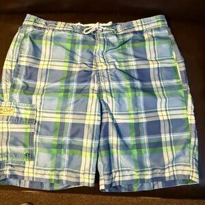 CHAPS Blue White Tartan PLAID Cargo Pocket Swim TRUNKS Suit Size LARGE
